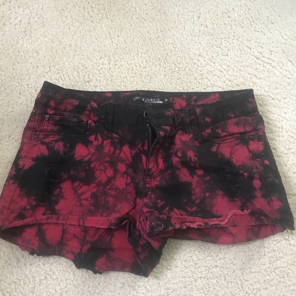 Red and Black tie-dye shorts from Hot Topic